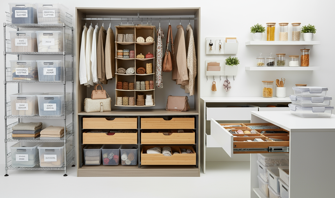Generate home storage and organization tools for commonly used household items.